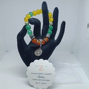 Zodiac Aries Charm Bracelet With Precious Stone Beads 7" Stretch Band